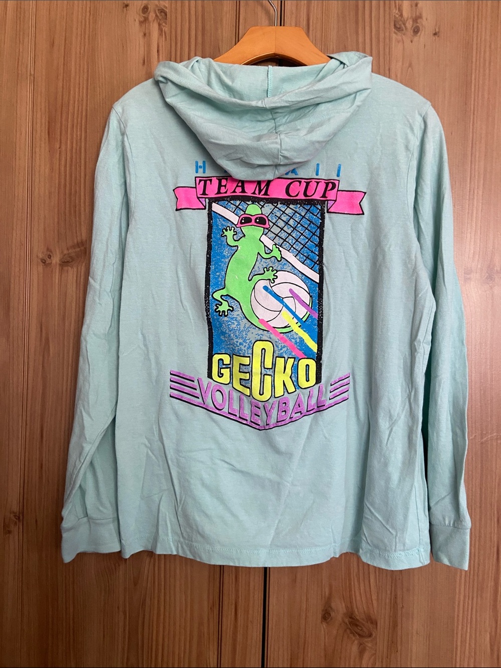Gecko Hawaii Long Sleeve Hooded Tee Aqua Pink Volleyball GUC L Men’s M